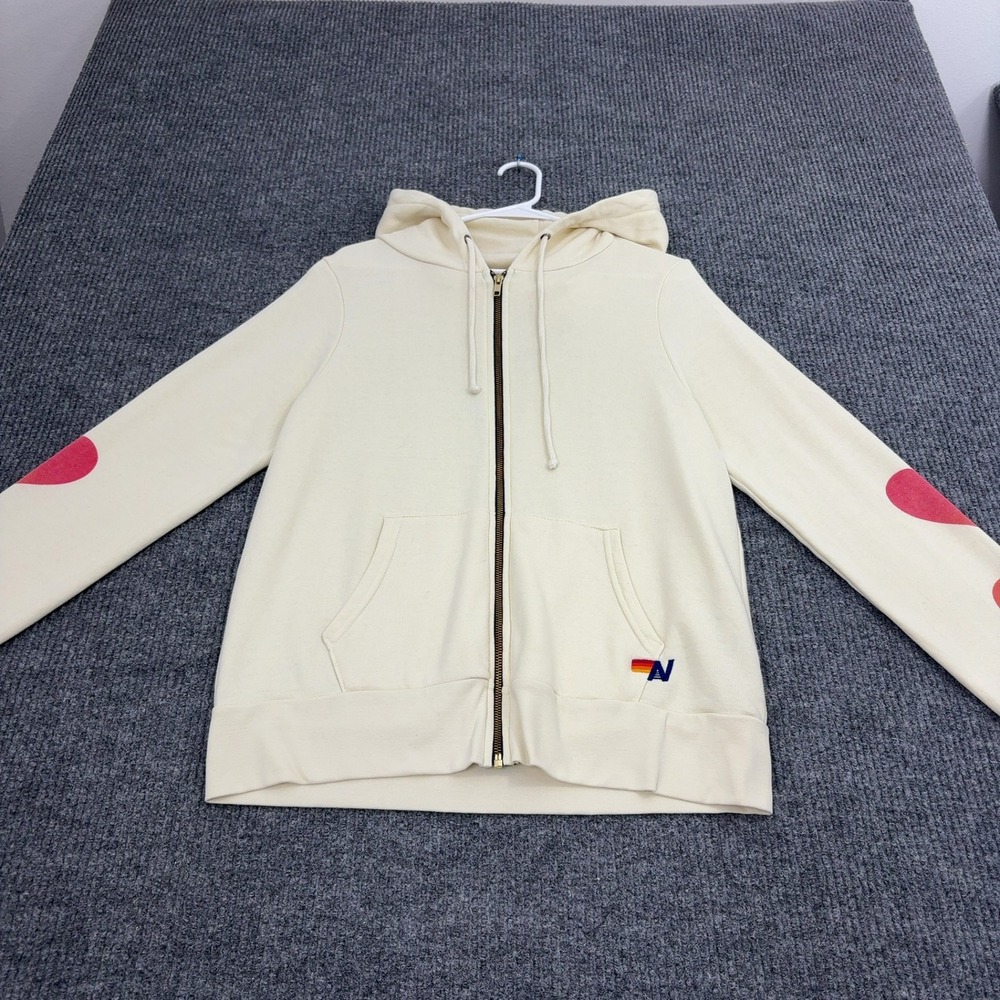 Aviator Nation Zip Up Unisex Hoodie M Cream Polyester Cotton Heart Sleeve Retro